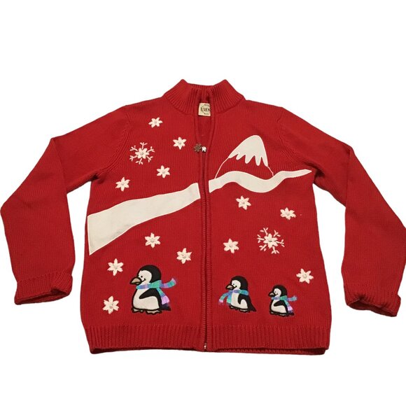 B Moss Snow Penguin Cardigan Sweater Size Med M Red Full Zip Holiday Christmas - Picture 1 of 4
